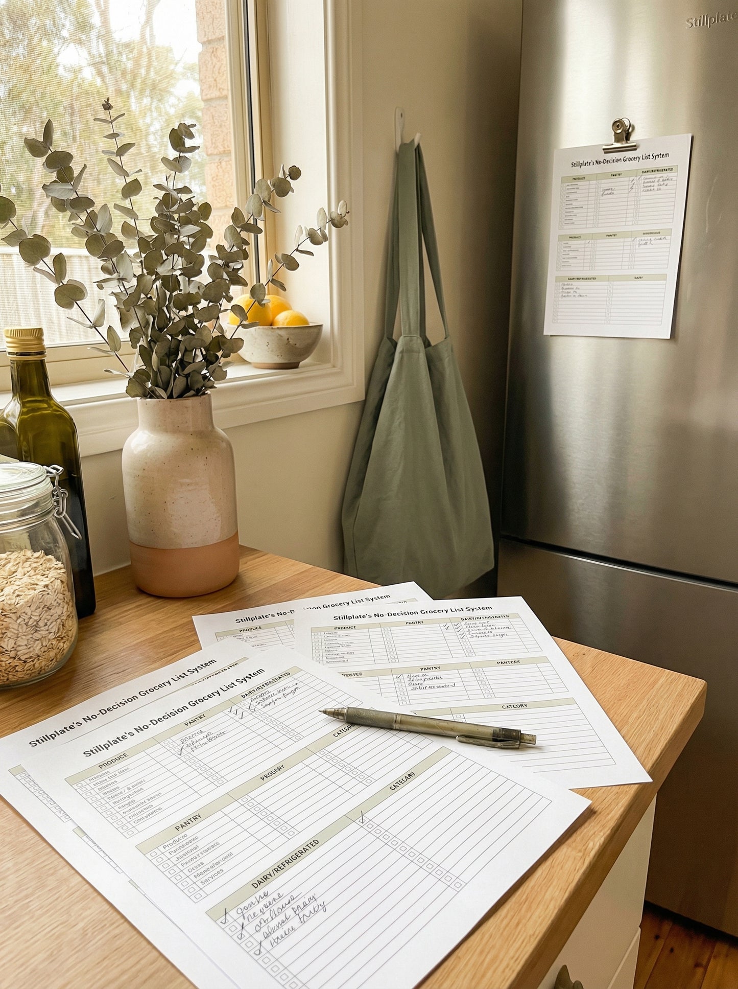 A4 print edition grocery planning pages in a home kitchen setting