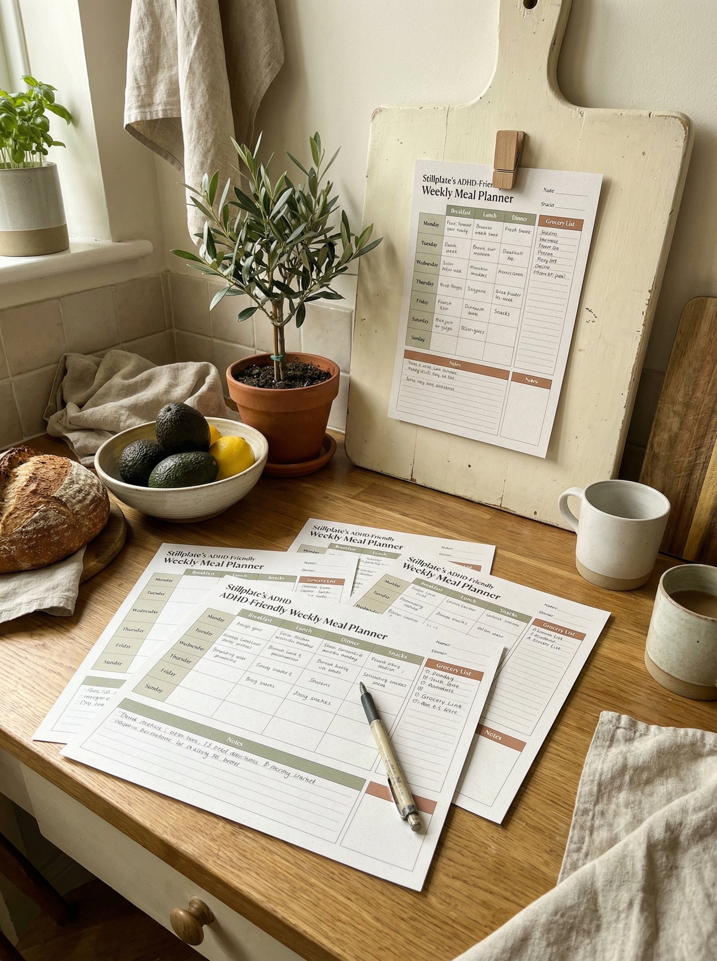 A4 print edition weekly meal planner pages in a home kitchen setting
