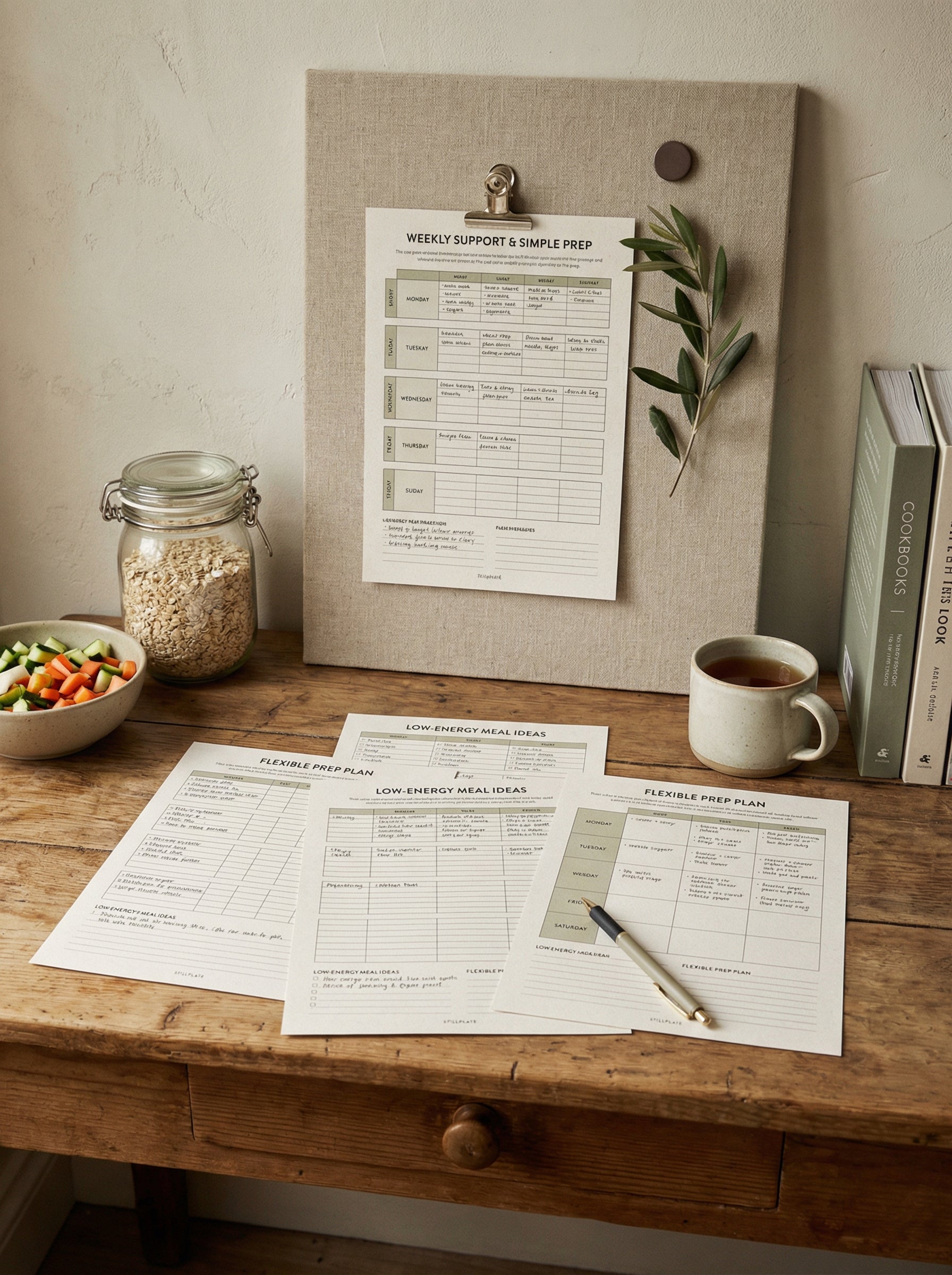 A4 print edition meal prep planner pages in a home kitchen setting