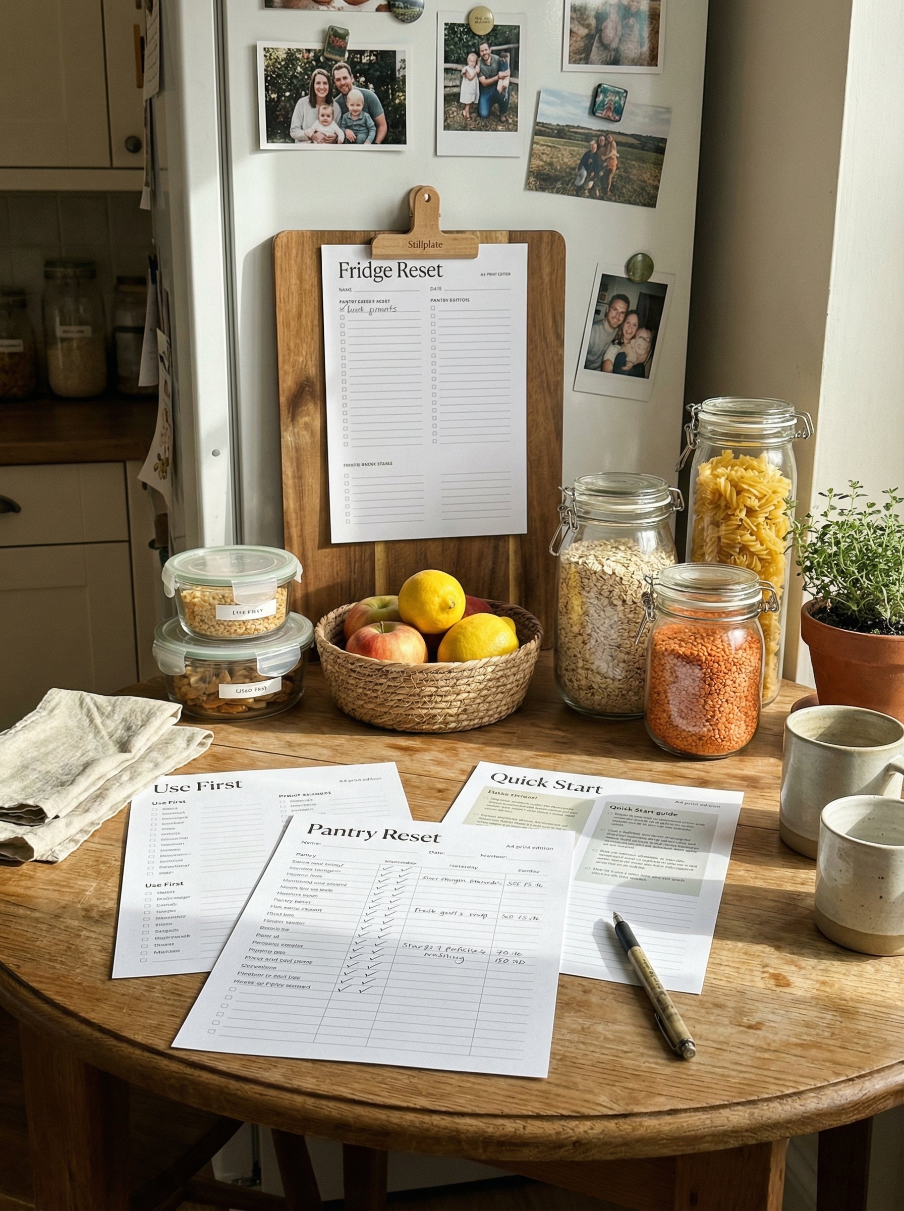A4 print edition pantry and fridge reset tracker pages in a home kitchen setting
