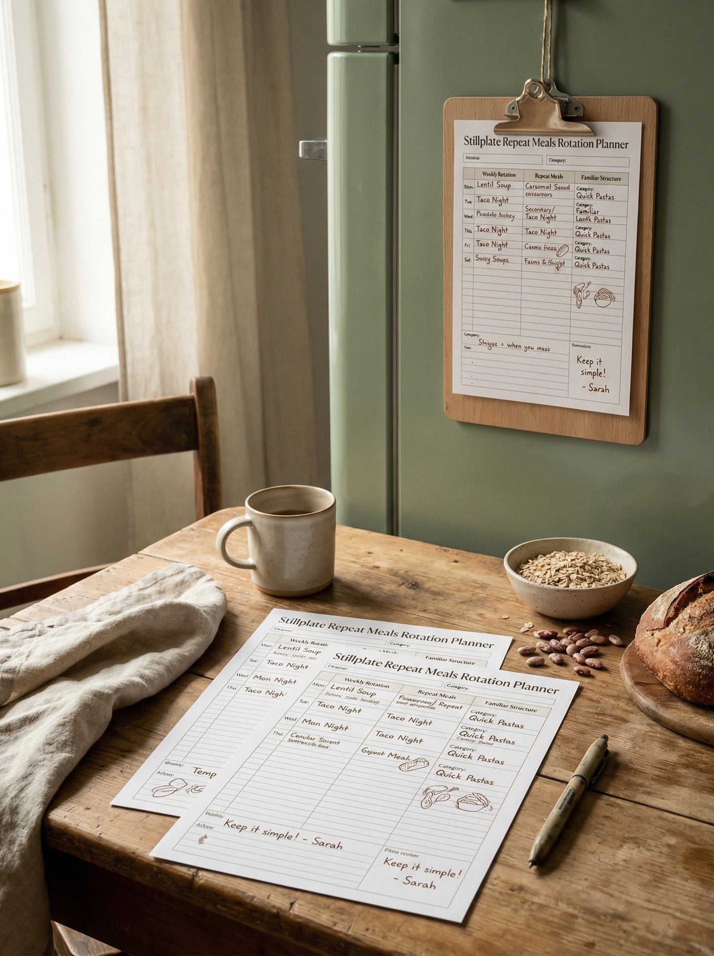 A4 print edition repeat meals planner pages in a home kitchen setting