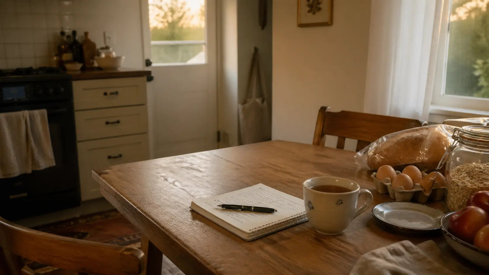 Calm meal planning table scene