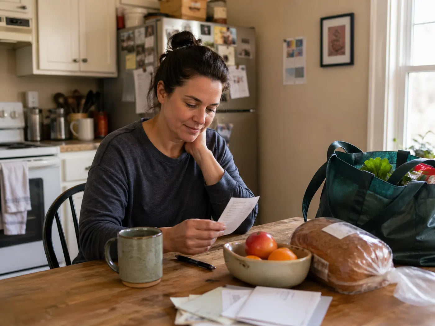 Calm kitchen planning scene for overwhelmed adults