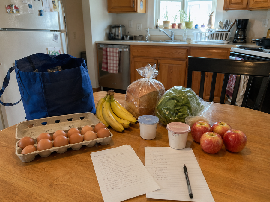 Realistic grocery planning table with repeat meal list