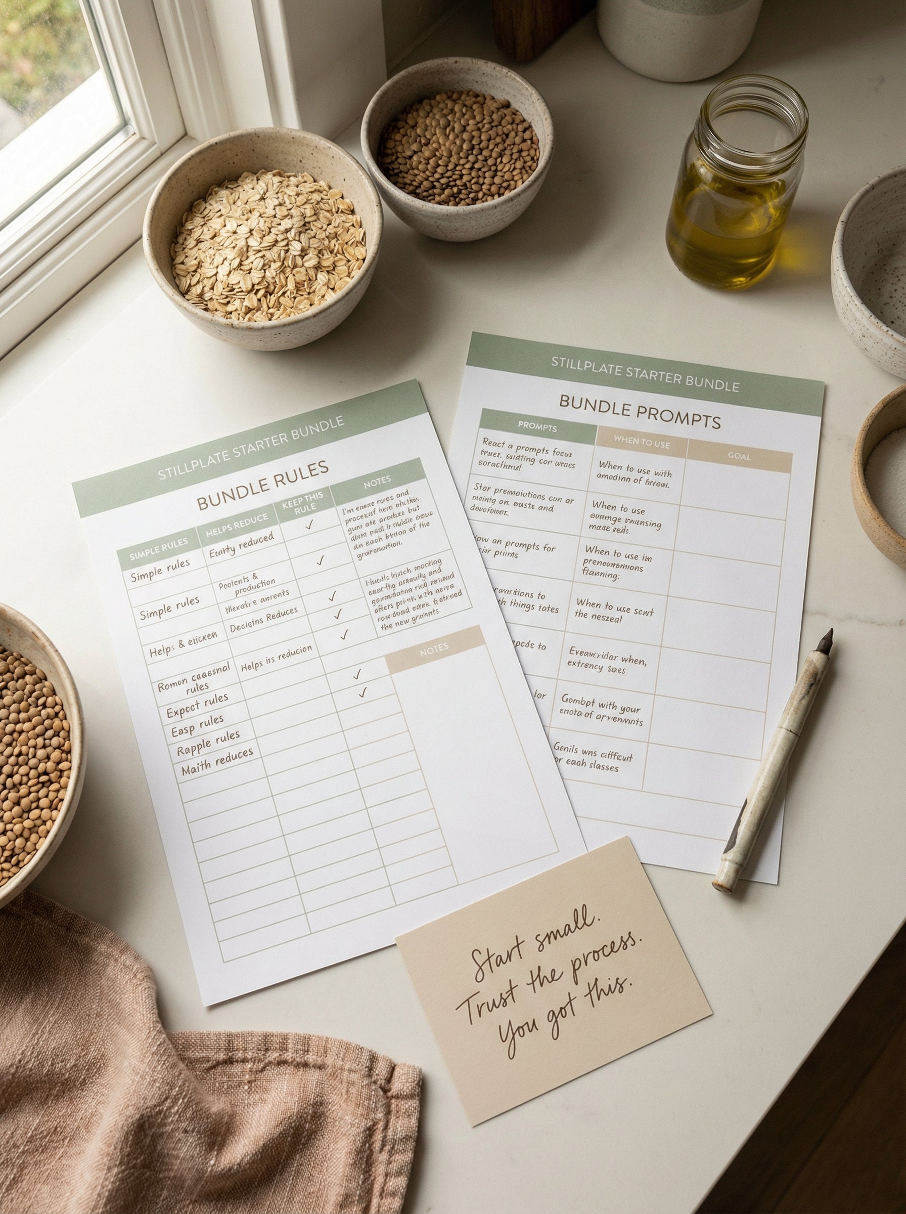Printable bundle rules and bundle prompts worksheets for a flexible meal planning system