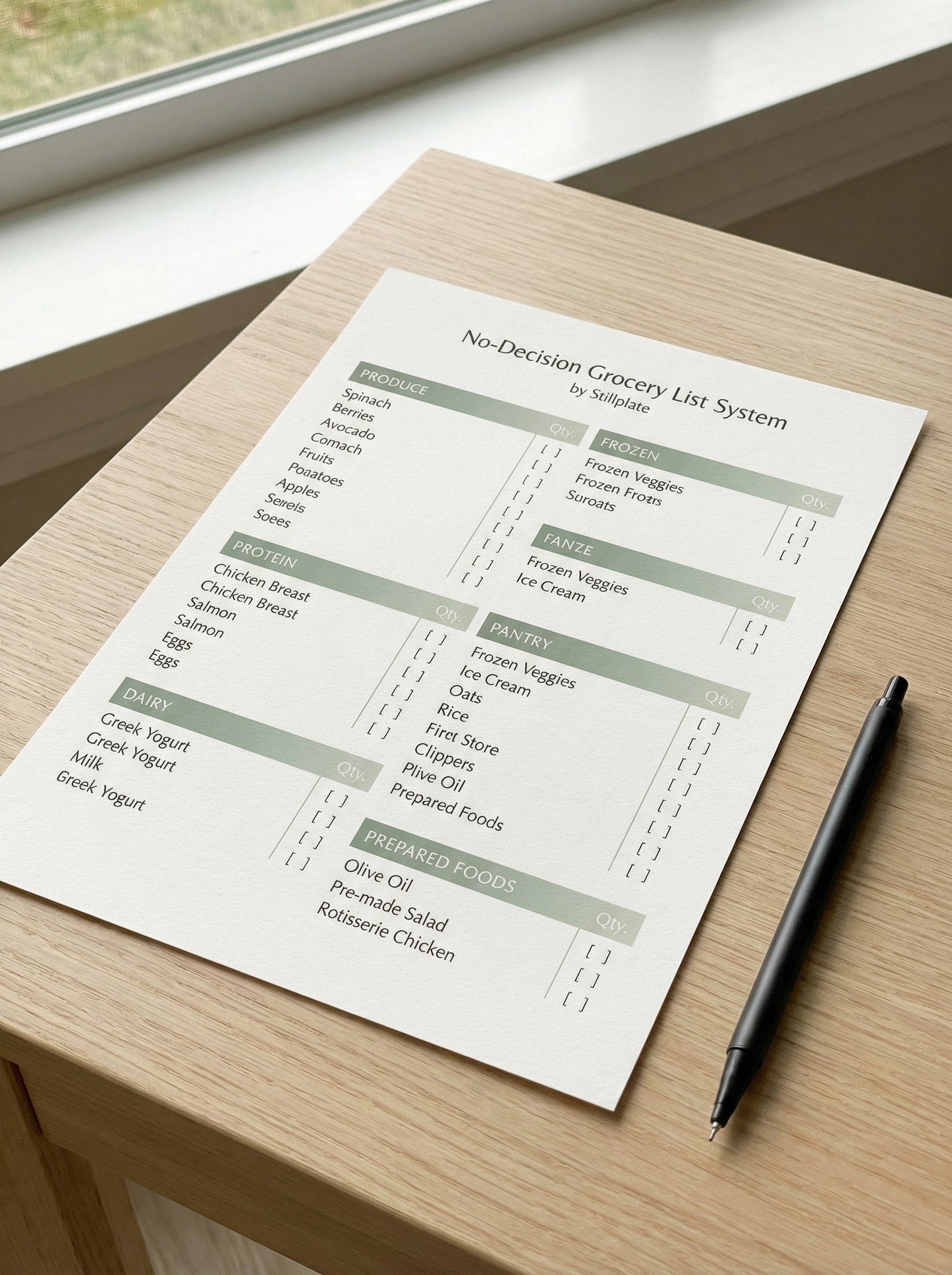 Categorized grocery list printable with produce protein dairy frozen and pantry sections