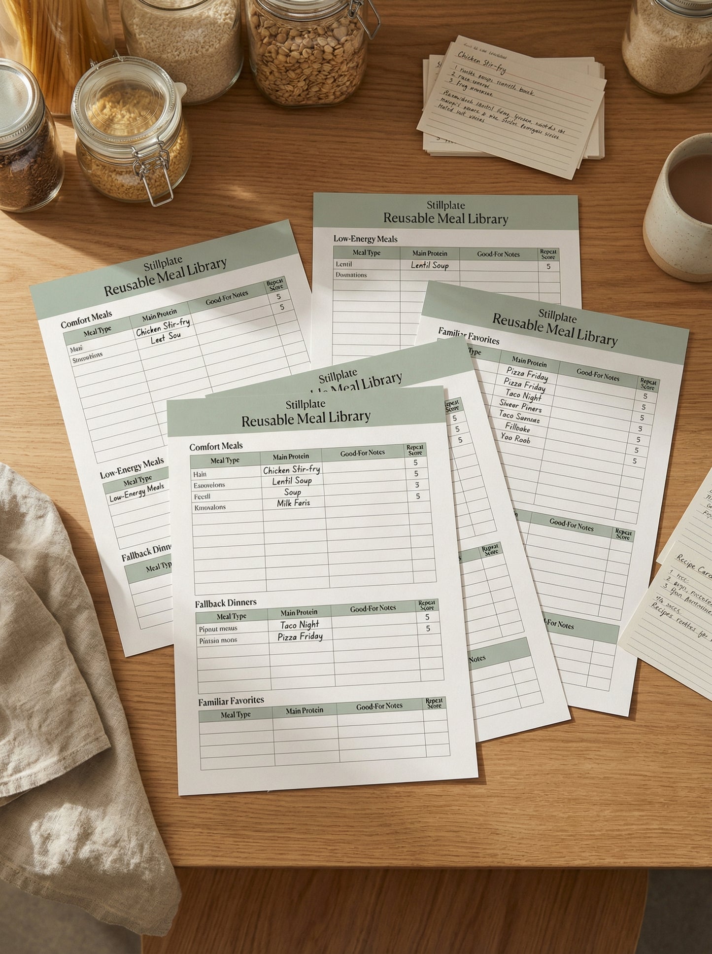 Printable go-to meals and meal categories worksheets for repeat meal planning