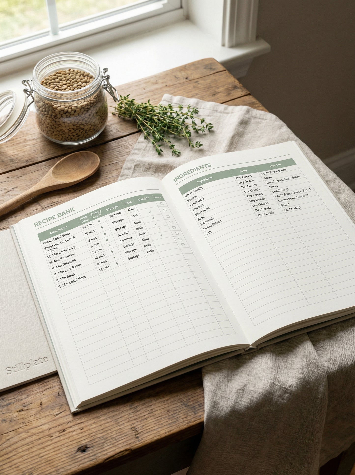Printable grocery list and staples check spreadsheet sheets for low-stress meal planning