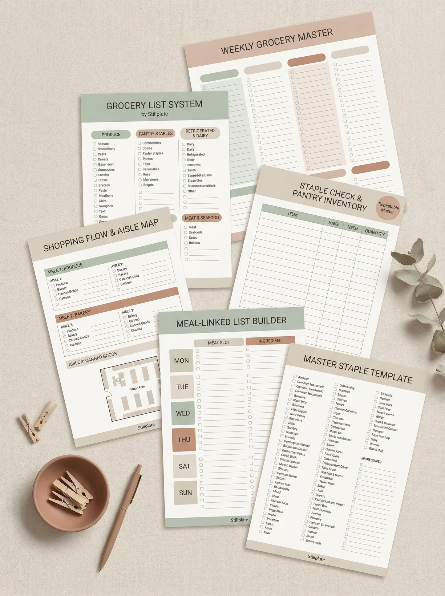 Printable grocery planning workbook with categorized shopping lists and low-friction planning pages