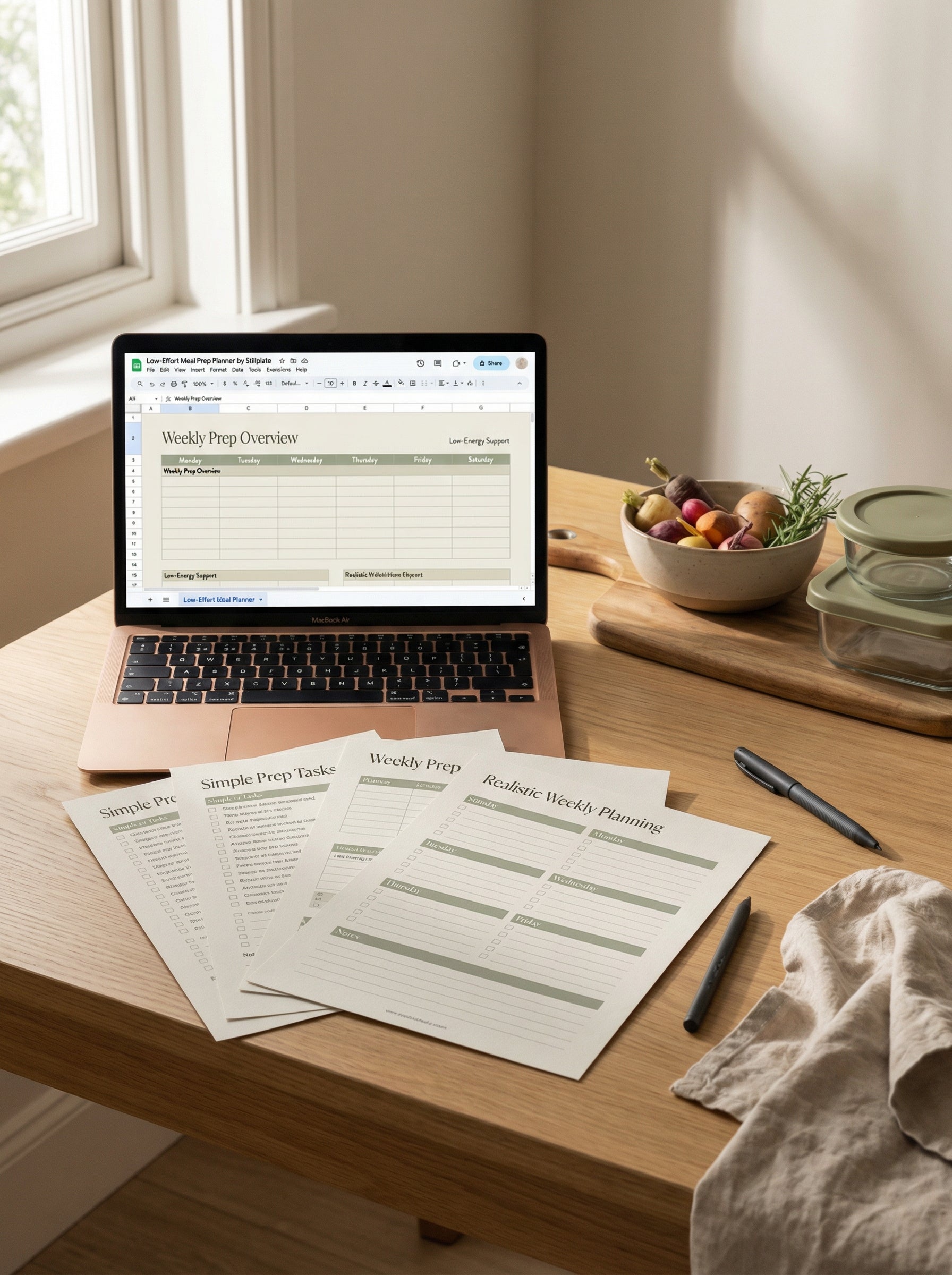 Low-Effort Meal Prep Planner printable worksheet system by Stillplate