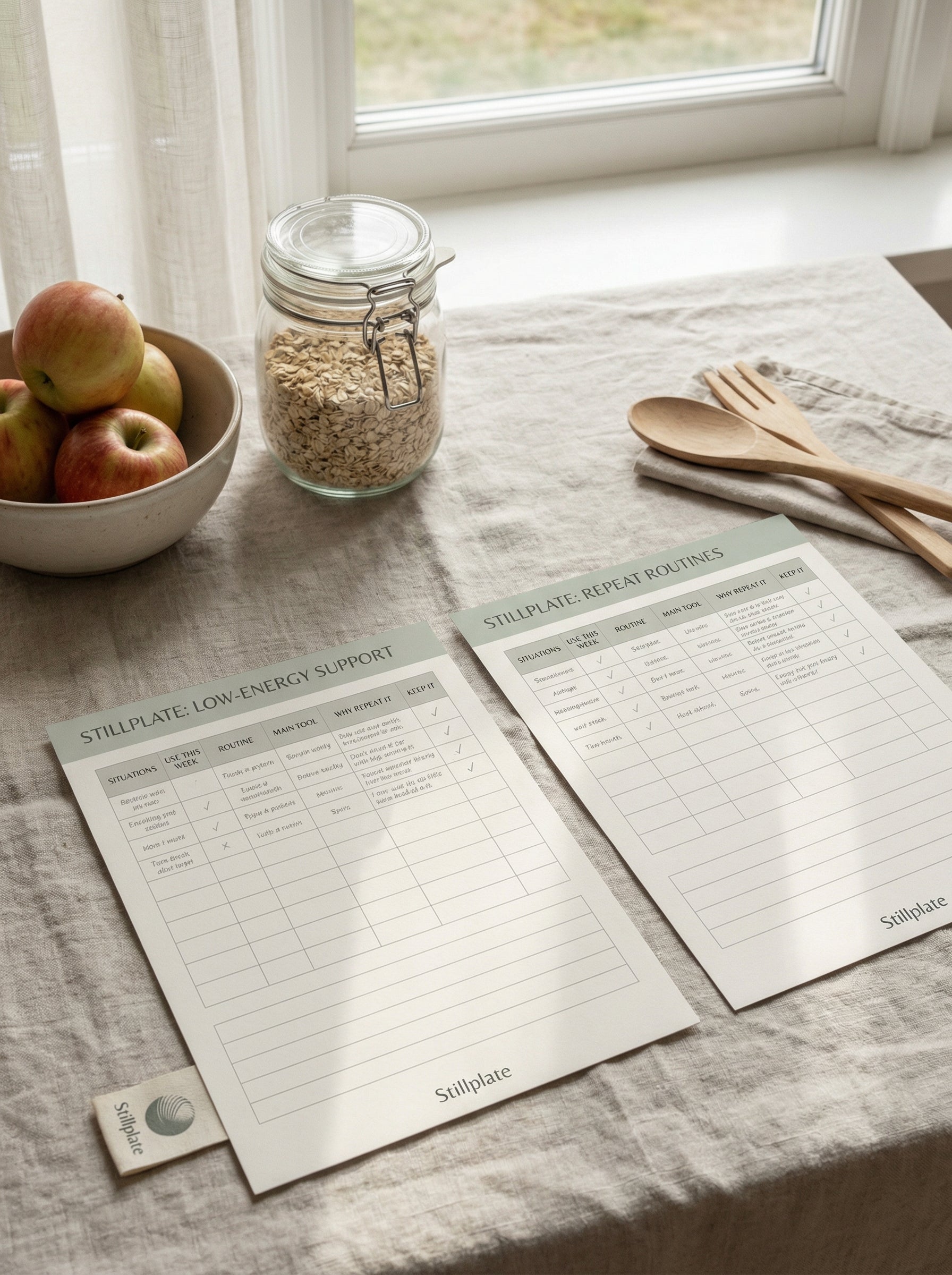 Printable low-energy support and repeat routines worksheets from the Stillplate Starter Bundle