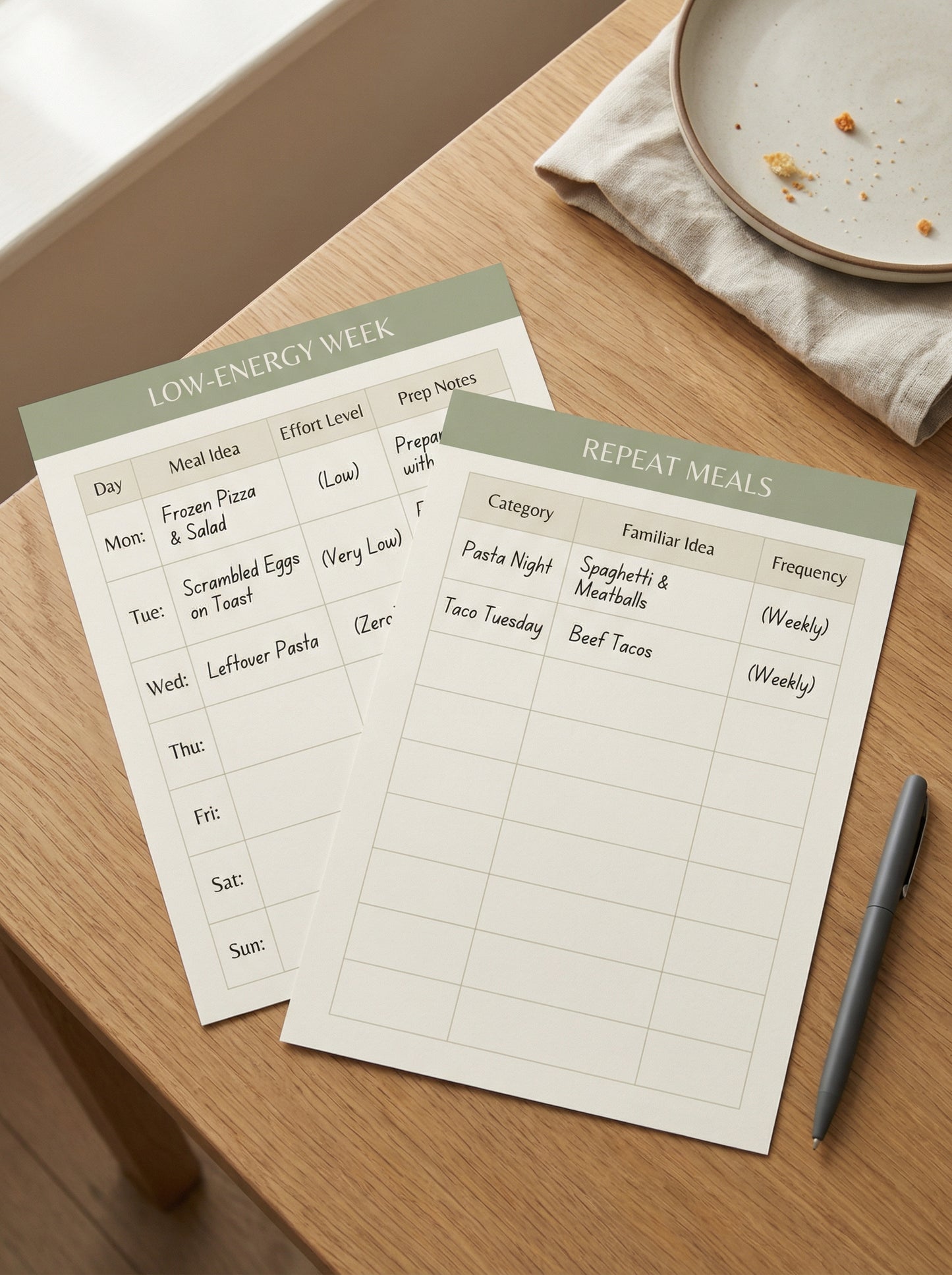 Low-energy week and repeat meals printable worksheets for easier ADHD-friendly meal planning