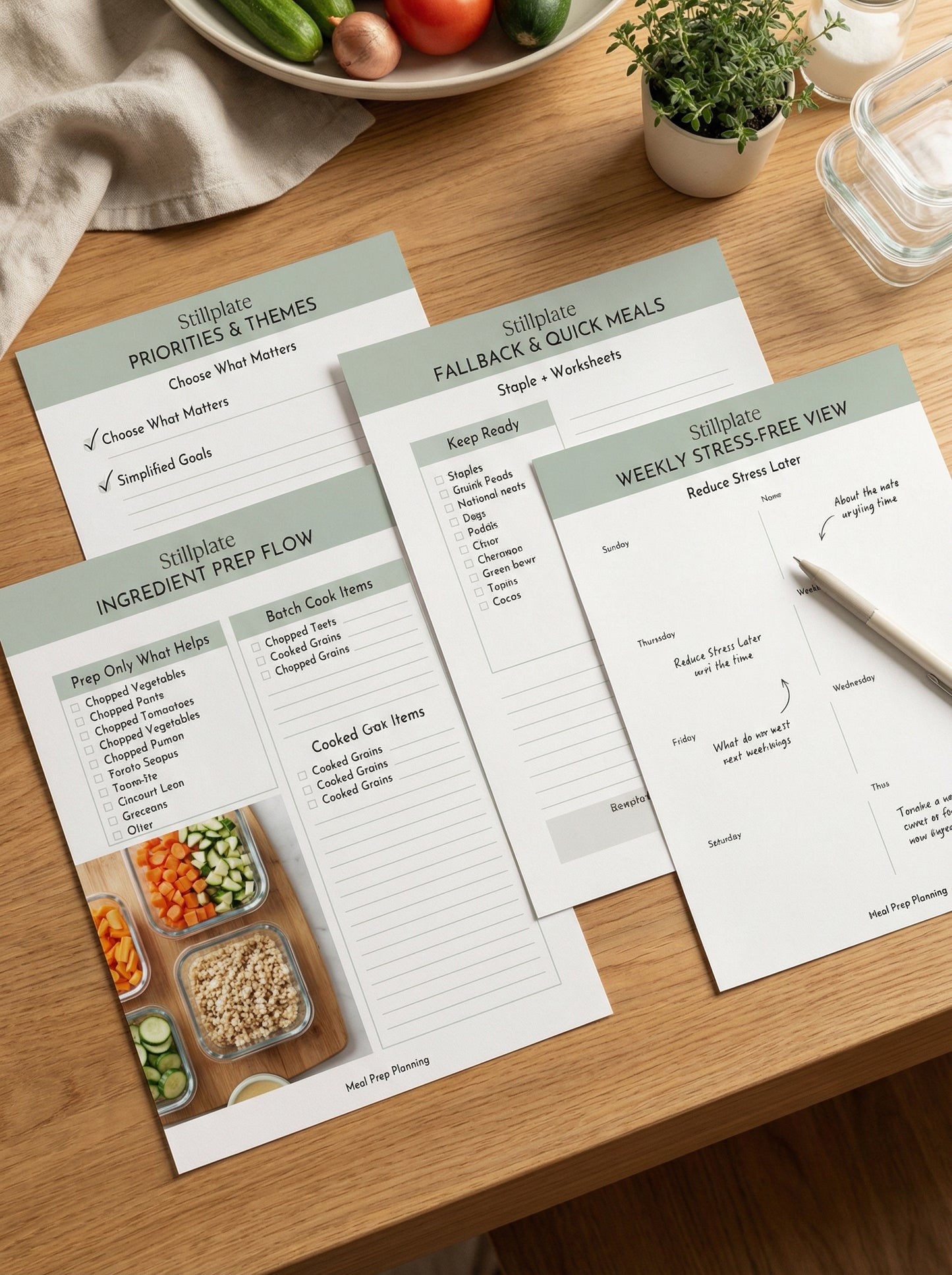 Low-friction meal prep planning flow with printable worksheets