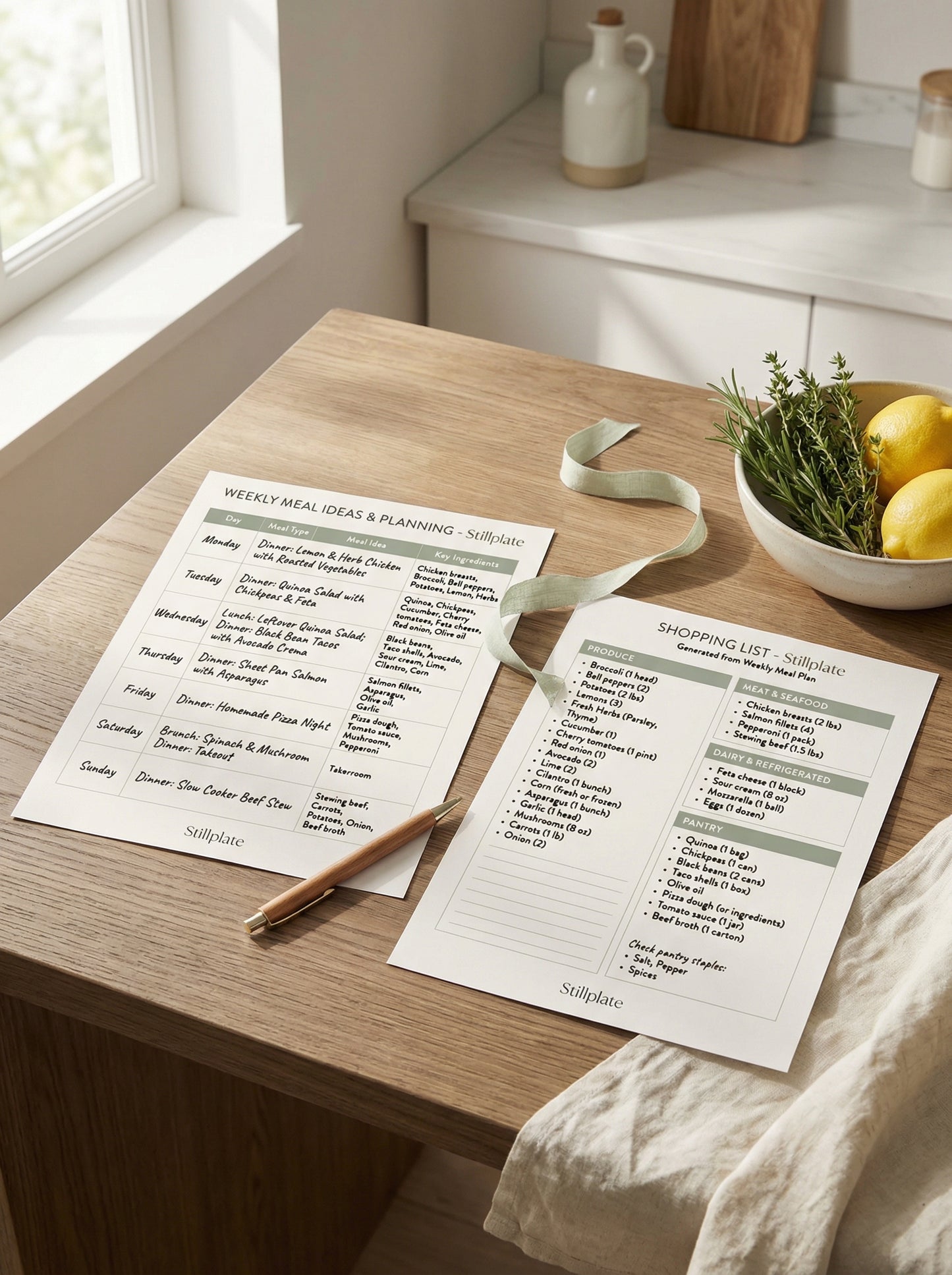 Printable meal-to-grocery planning system connecting meal ideas with a grocery list