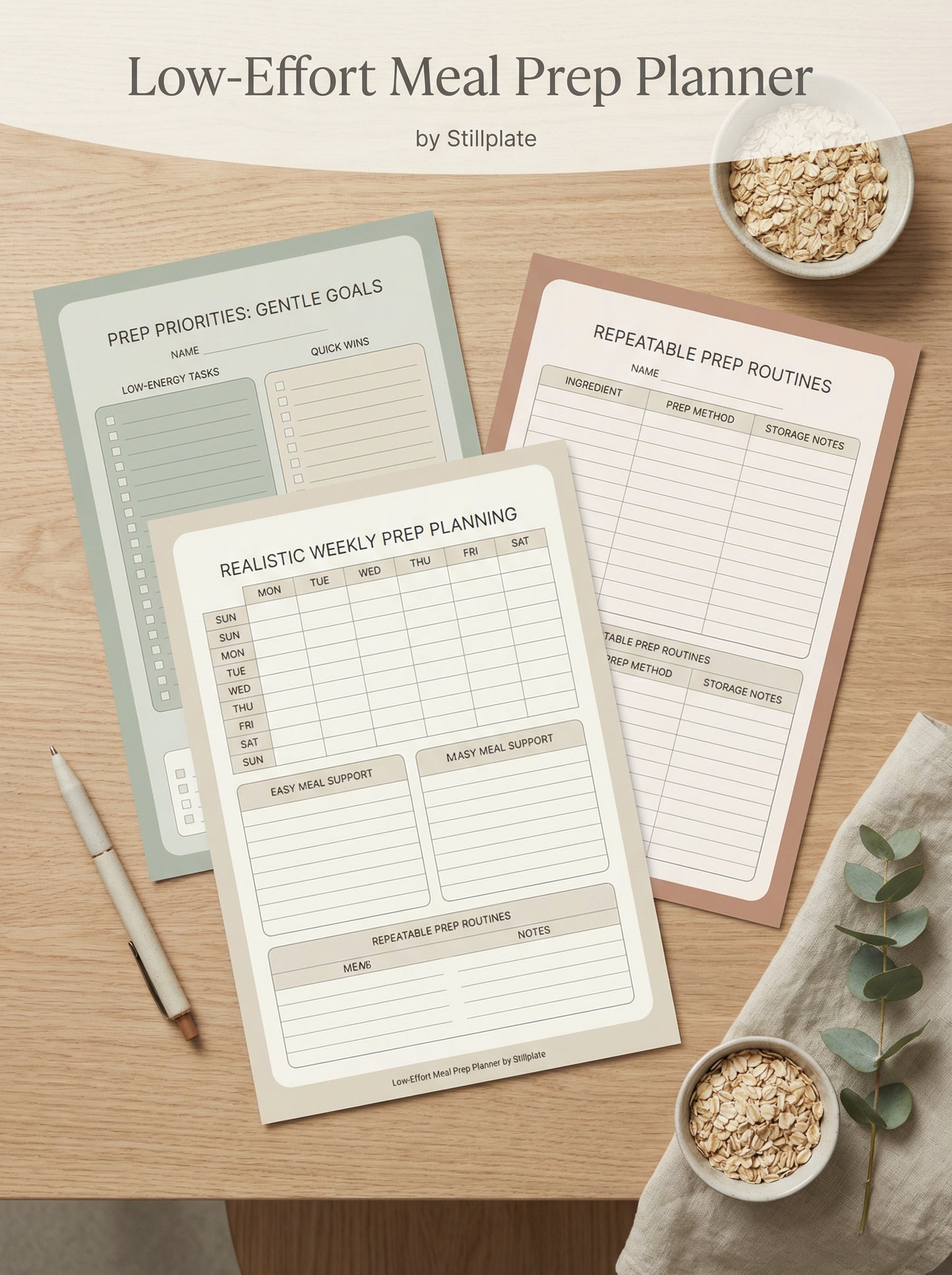 Printable meal prep workbook with low-effort planning pages and realistic prep support