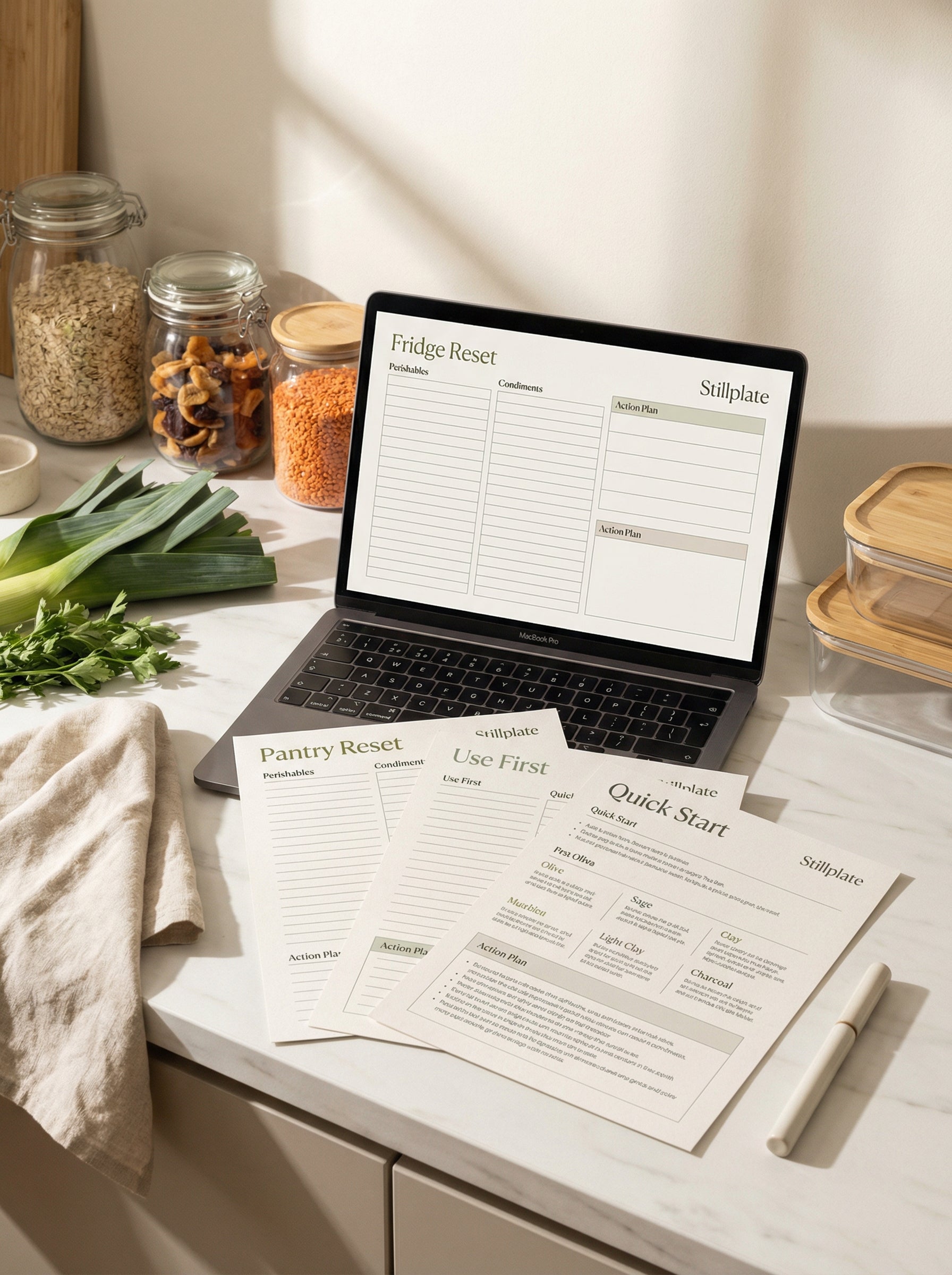A printable kitchen reset workbook designed to reduce food clutter, duplicate buying, and everyday food stress.