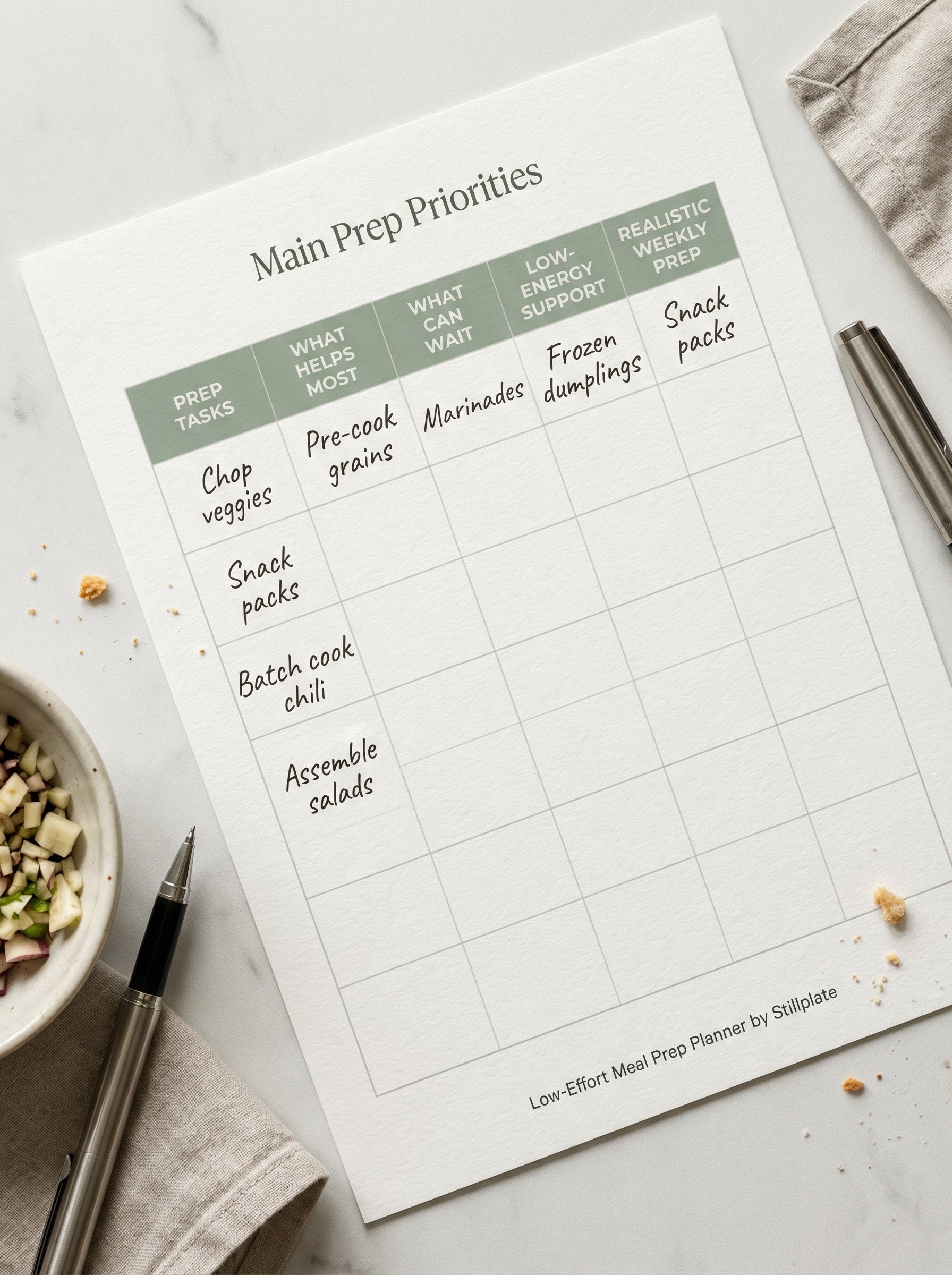 Printable prep priorities worksheet for low-effort weekly meal prep planning