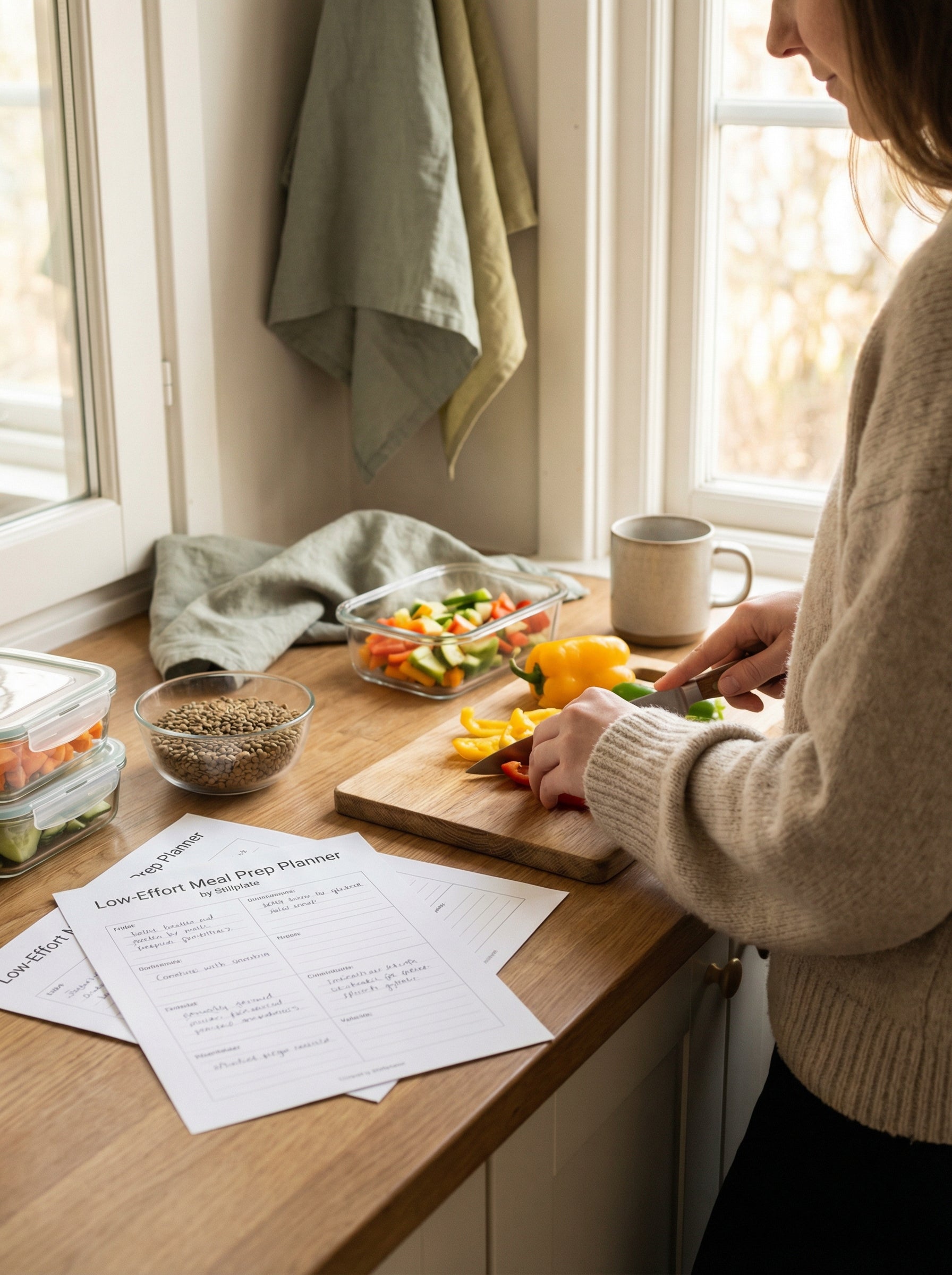 Printable meal prep planner pages used in a calm home kitchen setting