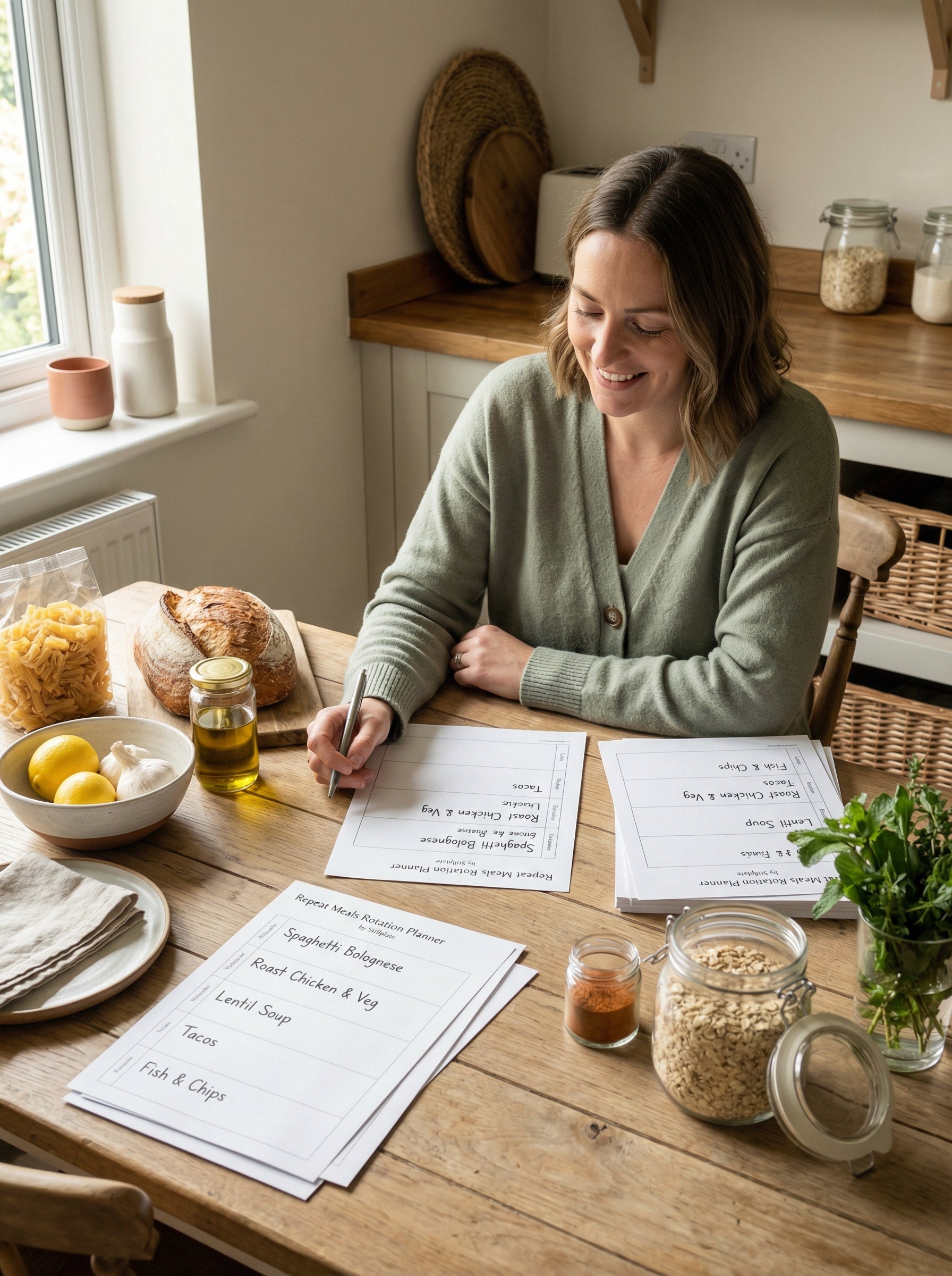 Printable repeat meals planner pages used in a calm home kitchen setting
