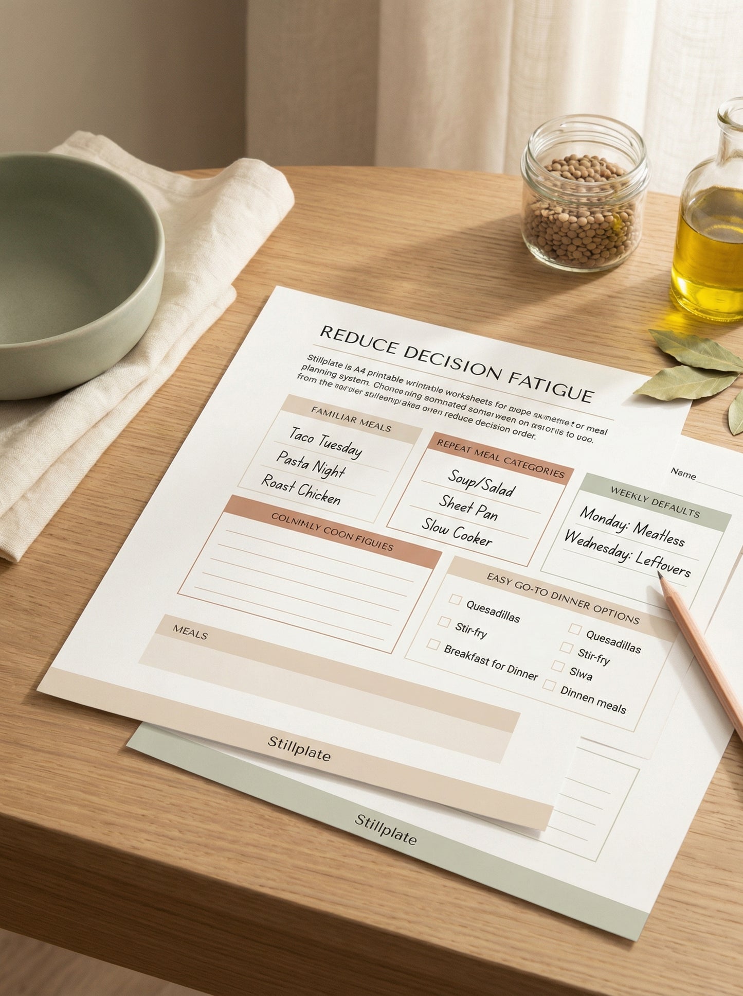 Repeat meals printable worksheets designed to reduce decision fatigue