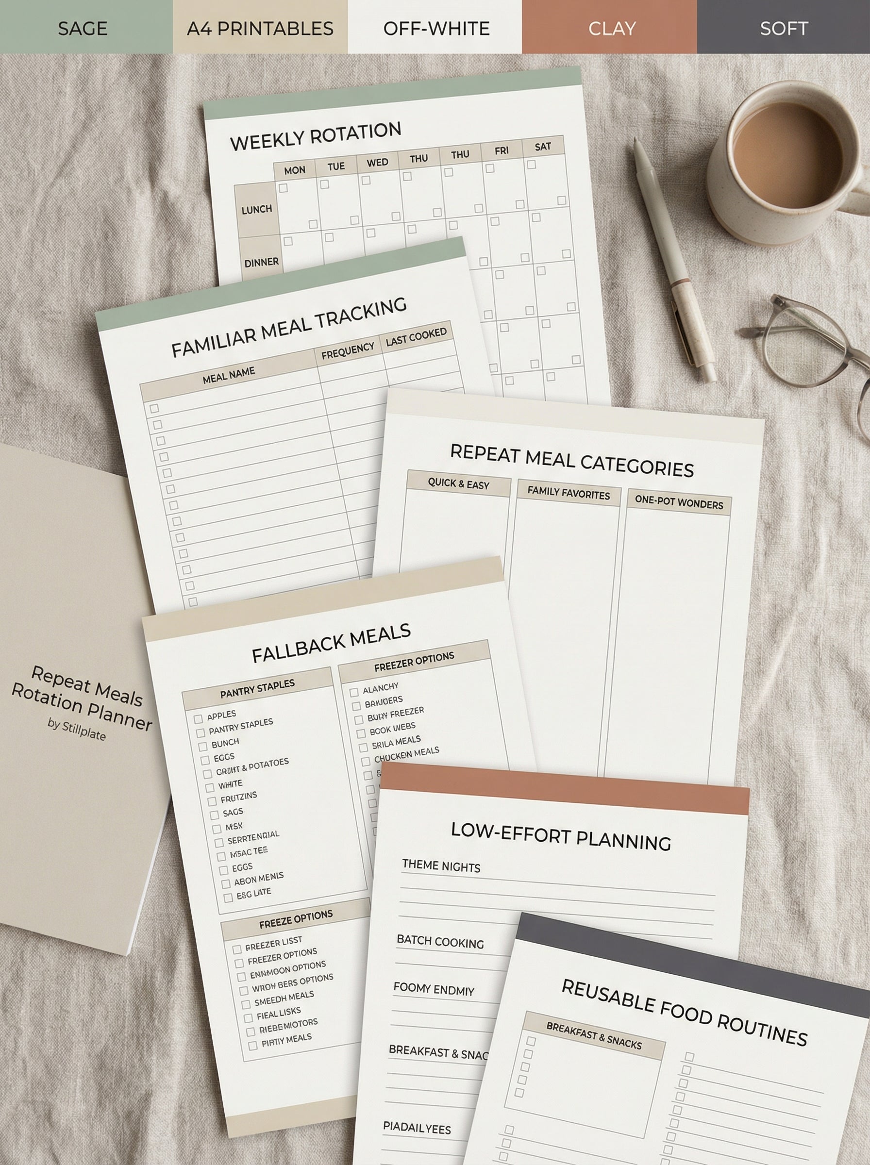 Printable repeat meals workbook with weekly rotation and familiar meal planning pages