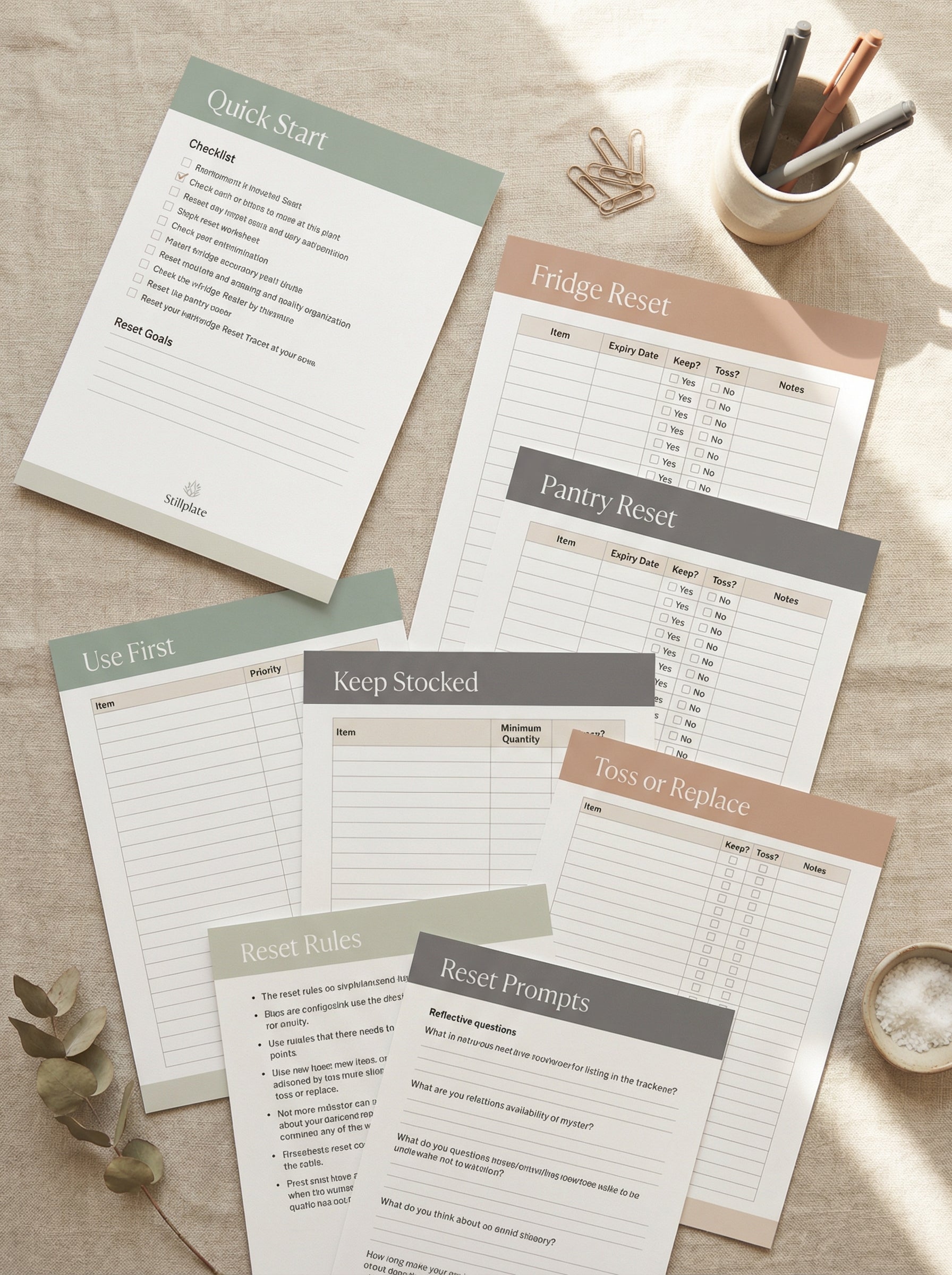 A complete printable reset workbook with practical sheets for fridge, pantry, freezer, and food visibility support.