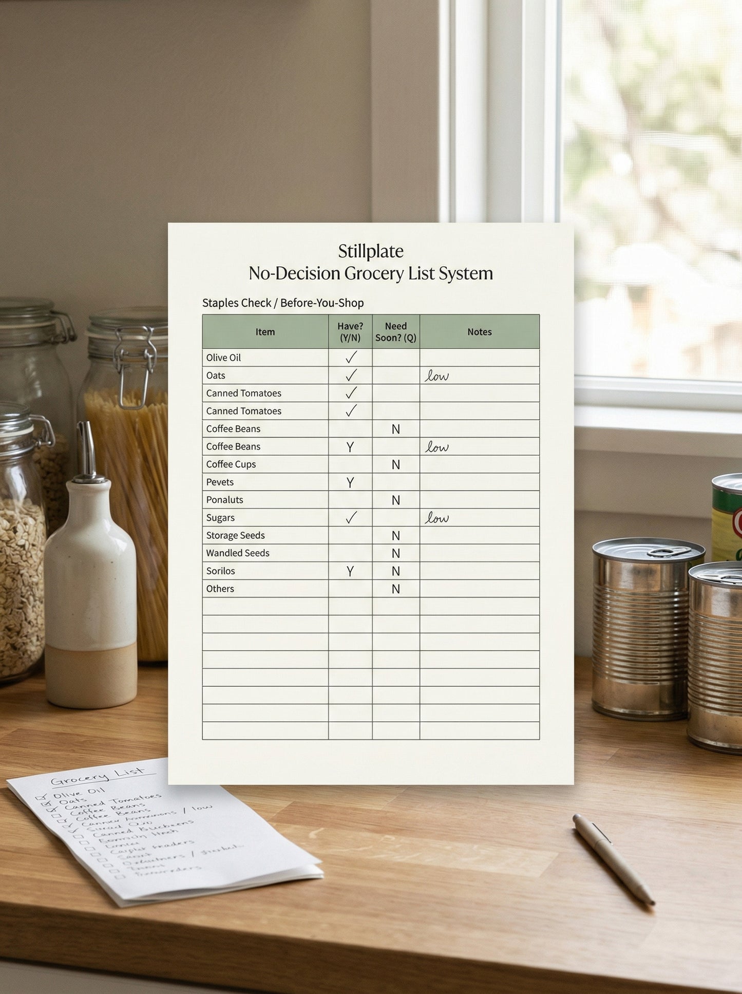 Printable staples check worksheet for grocery planning and avoiding duplicate purchases