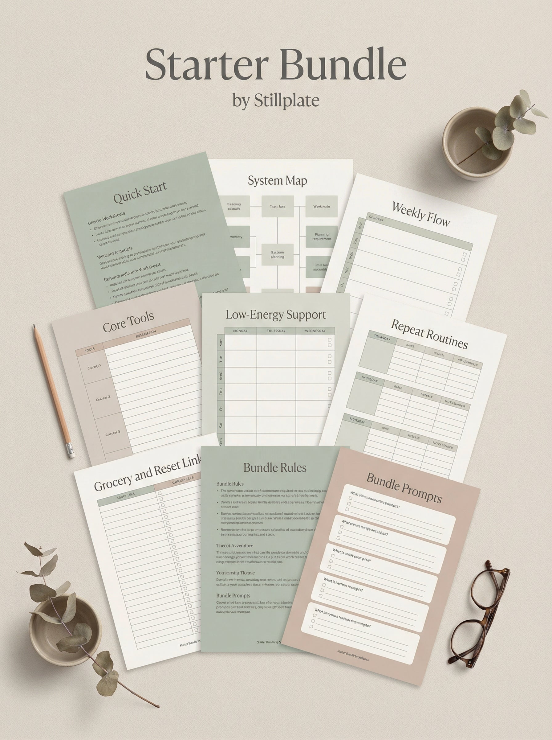 Printable starter bundle workbook with system map, weekly flow, core tools, and low-energy support pages
