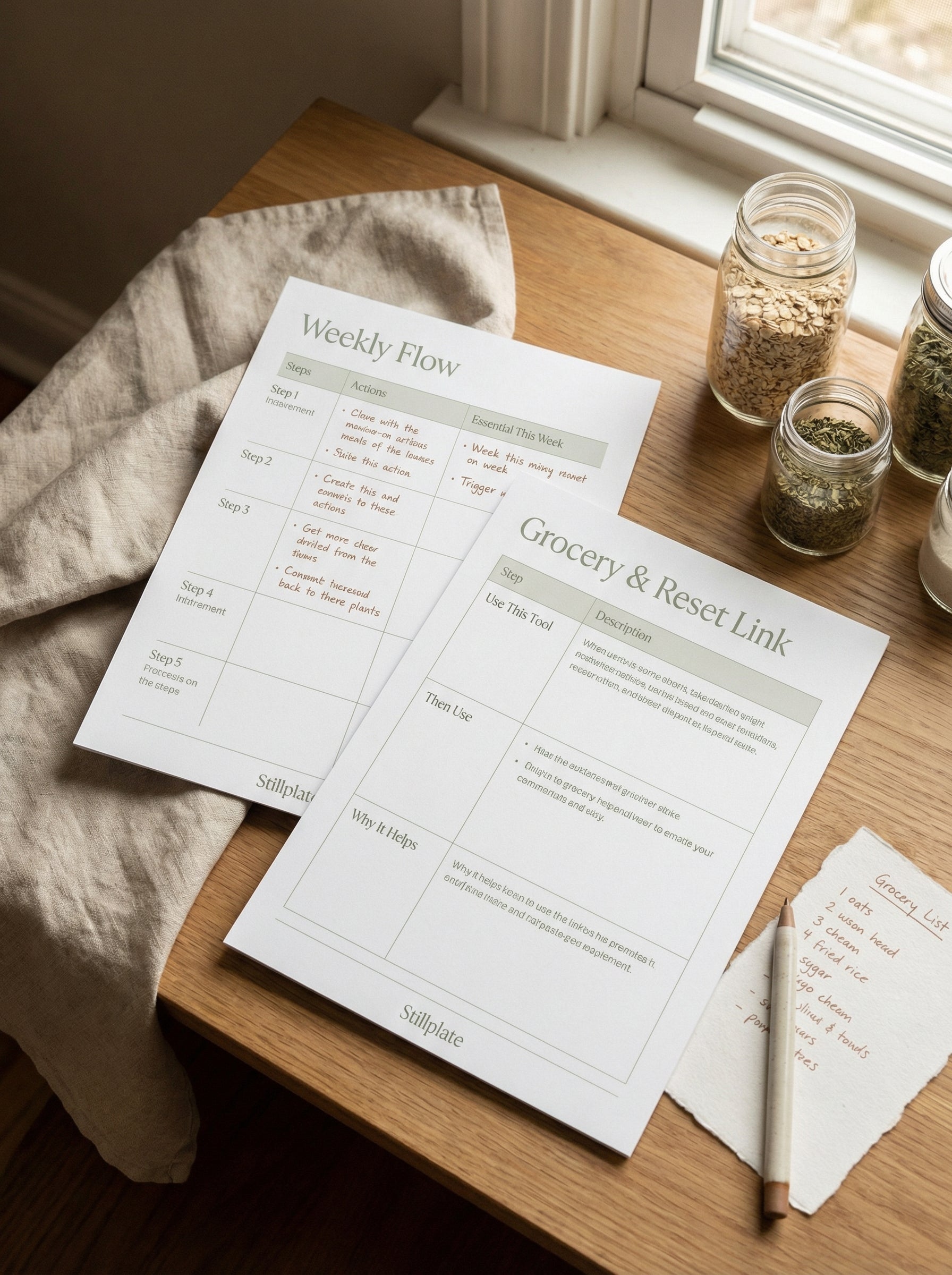 Printable weekly flow and grocery reset link worksheets for a connected meal planning system