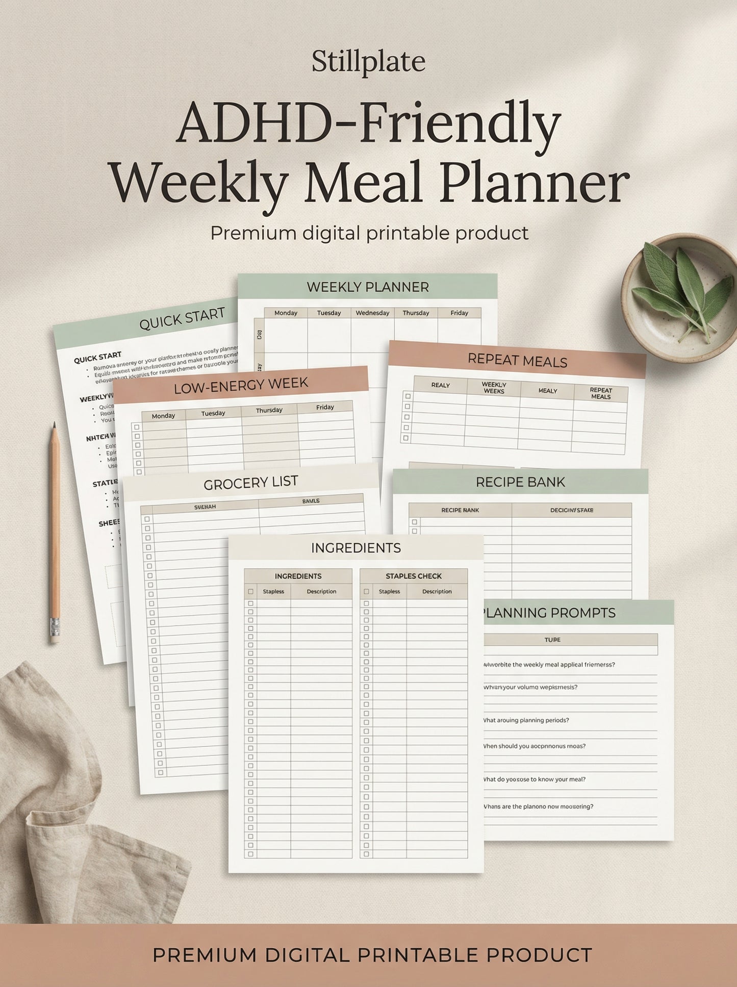 Printable weekly meal planner workbook with grocery list, repeat meals, recipe bank, and low-energy week sheets