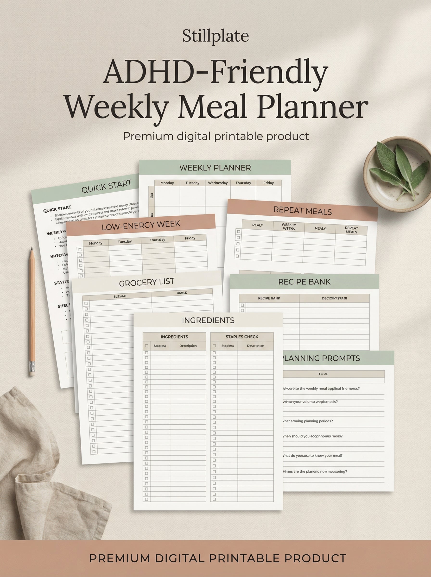 Printable weekly meal planner workbook with grocery list, repeat meals, recipe bank, and low-energy week sheets