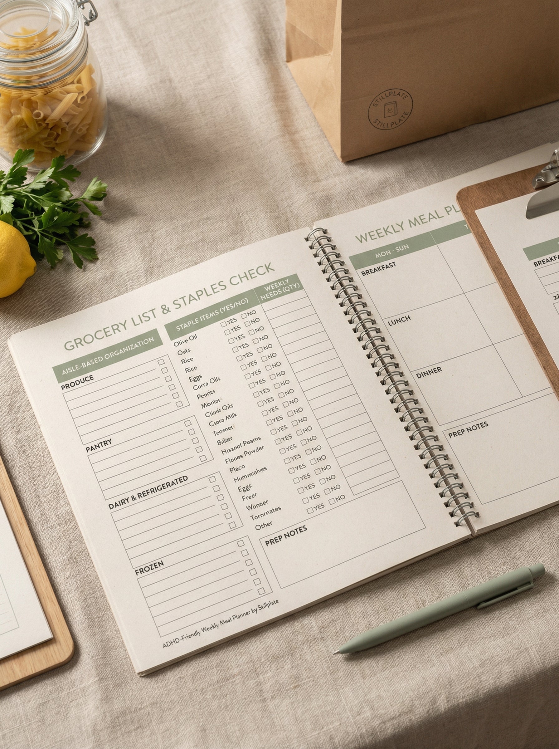 Weekly meal planner spreadsheet page with breakfast lunch dinner snack and grocery planning sections